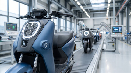 Fototapeta premium Electric scooter assembly line in a modern automated factory with robotic arms, hightech manufacturing facility for sustainable mobility