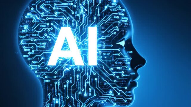 Human head with circuit board and AI text ideal for tech startups and software commercial themes