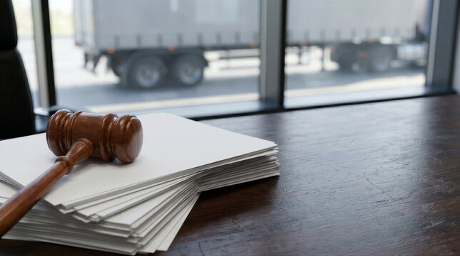 Wooden judge gavel on a stack of blank white paper documents on a dark wooden desk in a law office with a view of a truck outside