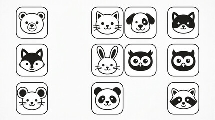 Obraz premium Collection of Cute Animal Face Icons in Simple Outline Style.