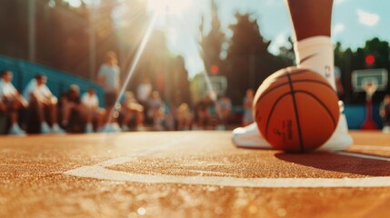 Naklejka premium Professional Basketball Player with Foot on Ball on Outdoor Street Court, Urban Sports Competition and Athletic Training Concept