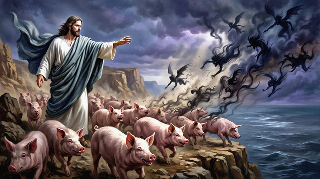 Jesus sends demons into pigs. The pigs rush down the steep bank into the sea and are drowned. Bible scene concept.