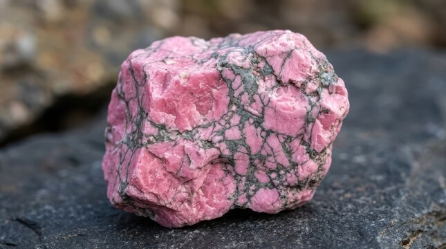 Rhodonite Mineral Specimen with Black Veins on Dark Rock