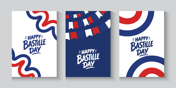 Happy Bastille Day greeting cards, poster, banner with French flag background.  French National Day July 14th France national holiday celebration. Blue, white, and red colors with copy space.
