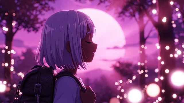 Anime girl with backpack in glowing forest representing the awe-inspiring power of nature