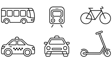Black line icons of various modes of transportation on white background  bus train bicycle taxi car scooter © Asma 