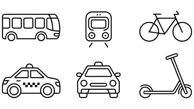 Black line icons of various modes of transportation on white background  bus train bicycle taxi car scooter