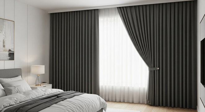 Modern bedroom interior with large windows covered by dark grey curtains, a neatly made bed with pillows, and a side table with a lamp, creating a cozy and elegant atmosphere.