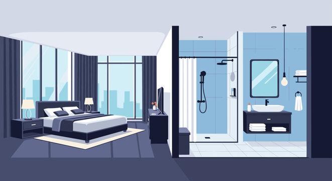 Modern master suite features a spacious bedroom with a king-sized bed and an adjoining stylish bathroom with a walk-in shower.
