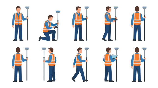 Surveyor Man Poses With Surveying Equipment And Tablet PNG Isolated on transparent background