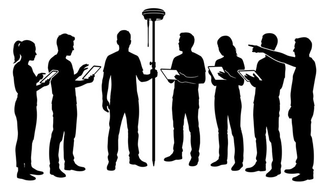 Surveyors group using GPS equipment and tablets for land measurement and data collection PNG Isolated on transparent background