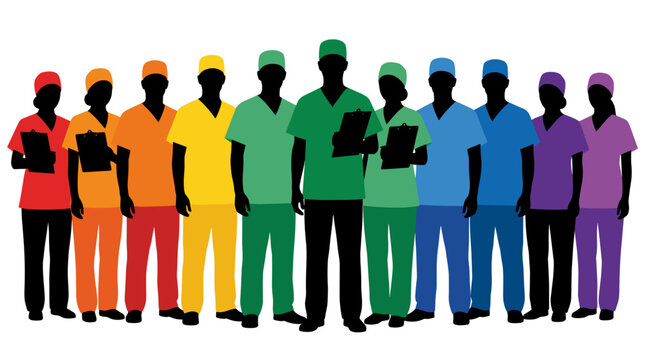 Diverse group of medical professionals in colorful scrubs standing together PNG Isolated on transparent background