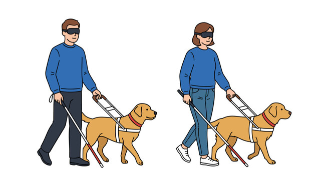 Blind man and woman with guide dogs and canes walking PNG Isolated on transparent background