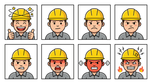 Construction worker emotions set happy confused angry frustrated furious rage PNG Isolated on transparent background