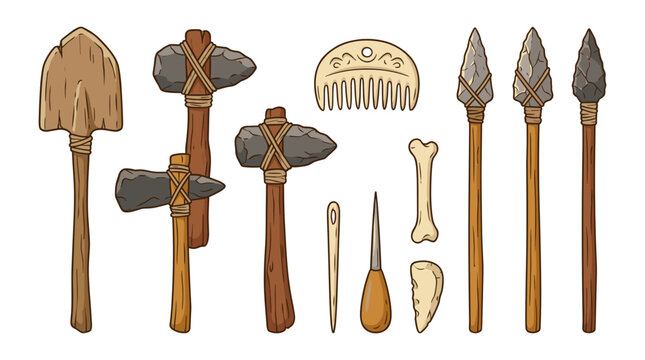 Collection of ancient primitive stone age tools and artifacts for survival and crafting PNG Isolated on transparent background
