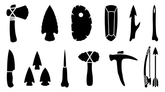 Collection of ancient primitive stone tools and weapons including axes arrowheads knives and spears PNG Isolated on transparent background