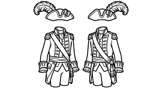 Two historical military uniforms with feathered hats in a line drawing style PNG Isolated on transparent background