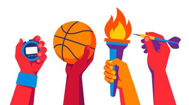 Diverse hands holding sports equipment and Olympic torch symbolizing competition and achievement PNG Isolated on transparent background