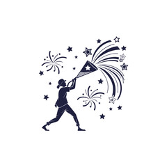 Obraz premium Silhouette of Person Sweeping with Broom Creating Abstract Starburst Dust Effect in Minimalist Line Art Style