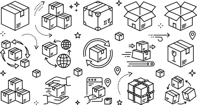 Logistics packaging and shipping line icon collection featuring delivery boxes warehouse tracking and ecommerce transportation concepts illustration