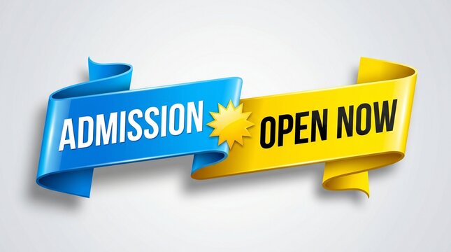 Admission open now banner with blue and yellow ribbons