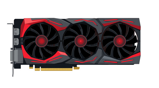 High performance gaming graphics card with three fans and red accents PNG Isolated on transparent background