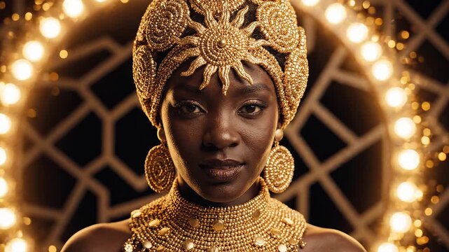 Woman wearing ornate gold headpiece and jewelry perfect for UI/UX elements and digital motion graphics