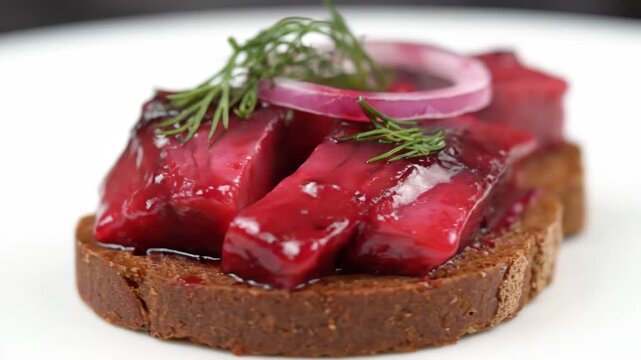 Traditional scandinavian sm&oslash;rrebr&oslash;dd with beetroot herring appetizer slow rotation