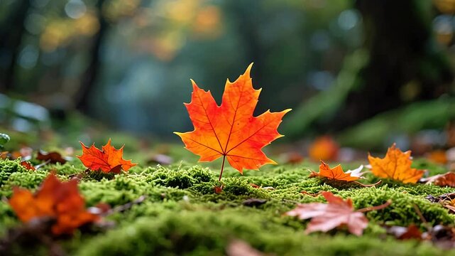 Vibrant orange-red maple leaf in autumn forest