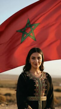 Young Moroccan woman wearing traditional kaftan dress standing proudly in front of national flag, representing North African heritage, cultural pride, and authentic ethnic fashion