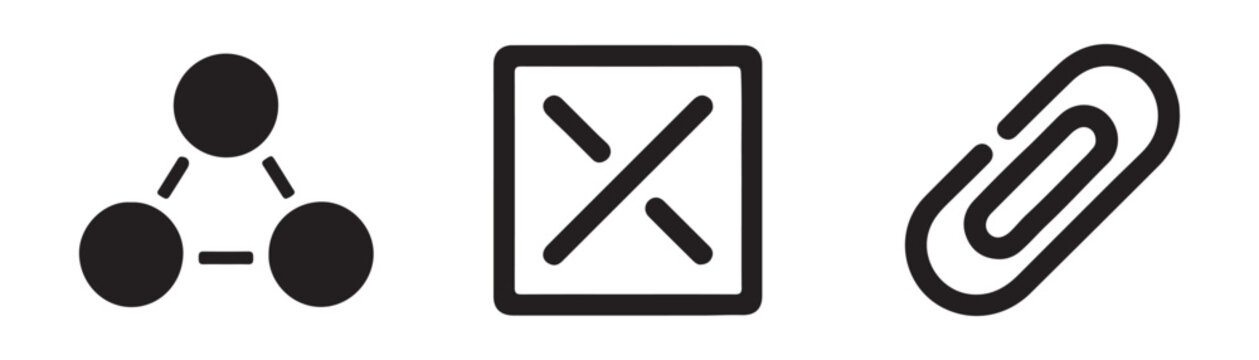 Share, exclude and paperclip icons in black. modern web buttons for computer applications.