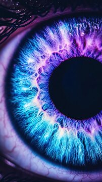 Extreme close-up of a human iris with vibrant blue and purple colors, showing intricate patterns. AI.