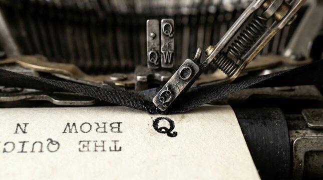 Close-up of a mechanical typewriter with typed text and metallic parts.