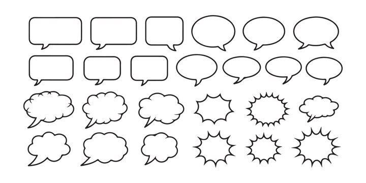 Speech and thought bubbles in outline style, featuring various shapes for comic book text.