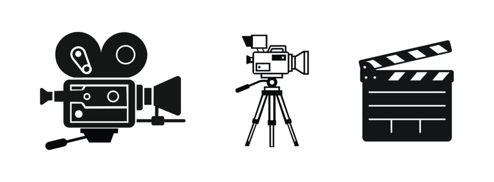 Vintage Film Production Icons Set with Movie Camera, Clapperboard and Film Reel Vector Illustration