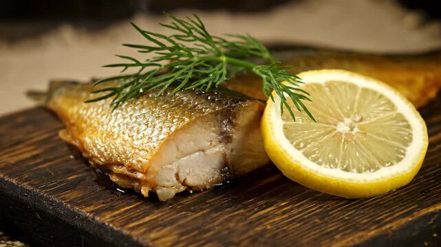 Smoked mackerel fillet with fresh lemon and dill on rustic board