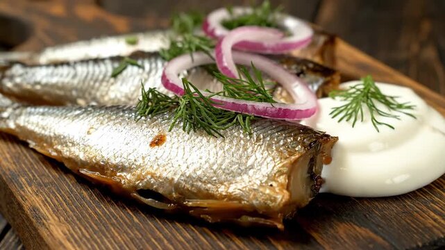 Smoked sprats with red onion rings fresh dill and cream sauce on rustic wooden board
