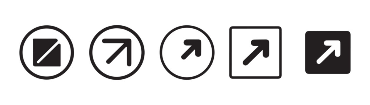 Set of square and circle icons with diagonal arrow symbol pointing up right for web user interface.