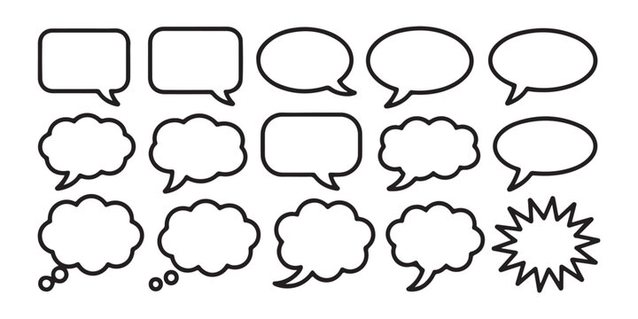 Speech bubbles and thought balloons in outline style, diverse collection for various communication needs.