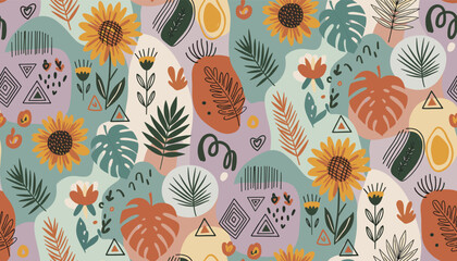 Vibrant Abstract Botanical Pattern with Sunflowers, Leaves, and Geometric Shapes. © megulung