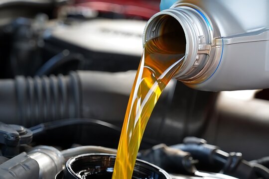 Golden motor oil pouring from silver bottle into car engine image