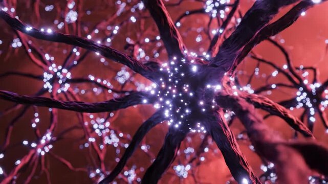 Abstract glowing neural network with electrical impulses against red background