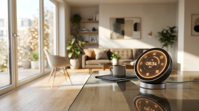 Digital smart home assistant with glowing display on table in living room