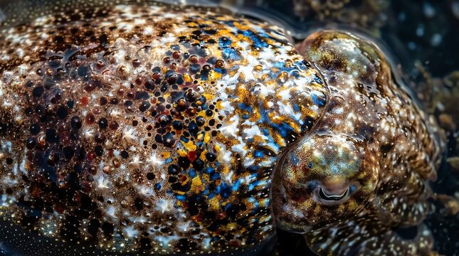 Close-up of a colorful marine snail shell with intricate patterns and textures.