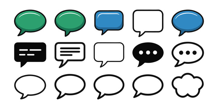 Collection of colorful and outlined speech bubbles or chat boxes in various shapes on transparent background.