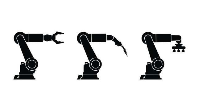 Industrial robotic arm silhouettes collection with different end effectors for welding and assembly process.