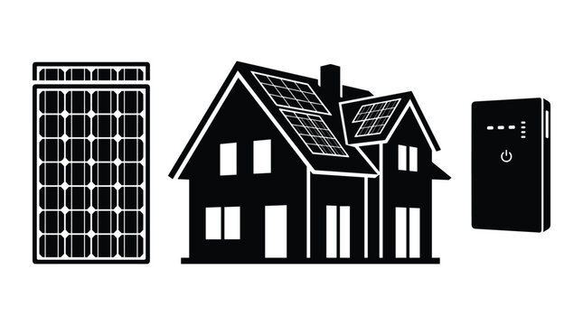Residential solar energy system icons including photovoltaic panel house and backup battery storage unit set.