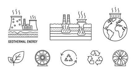 Obraz premium Sustainable Energy Line Icons Set Geothermal Power Plants, Renewable Resources, and Environmental Conservation Symbols