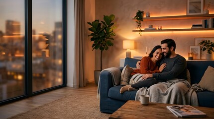 Obraz premium Happy couple relaxing on sofa in modern automated living room at home