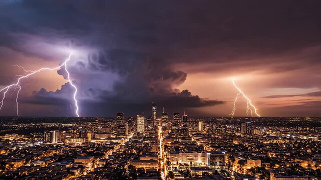 City skyline with lightning storm emphasizing the majestic scale of the natural world